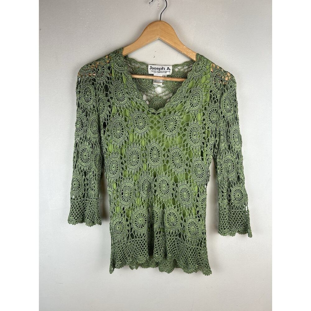 VTG Joseph A Shirt Women Sz S Crochet Green Fairy Boho Hippie Y2K Retro Peasant